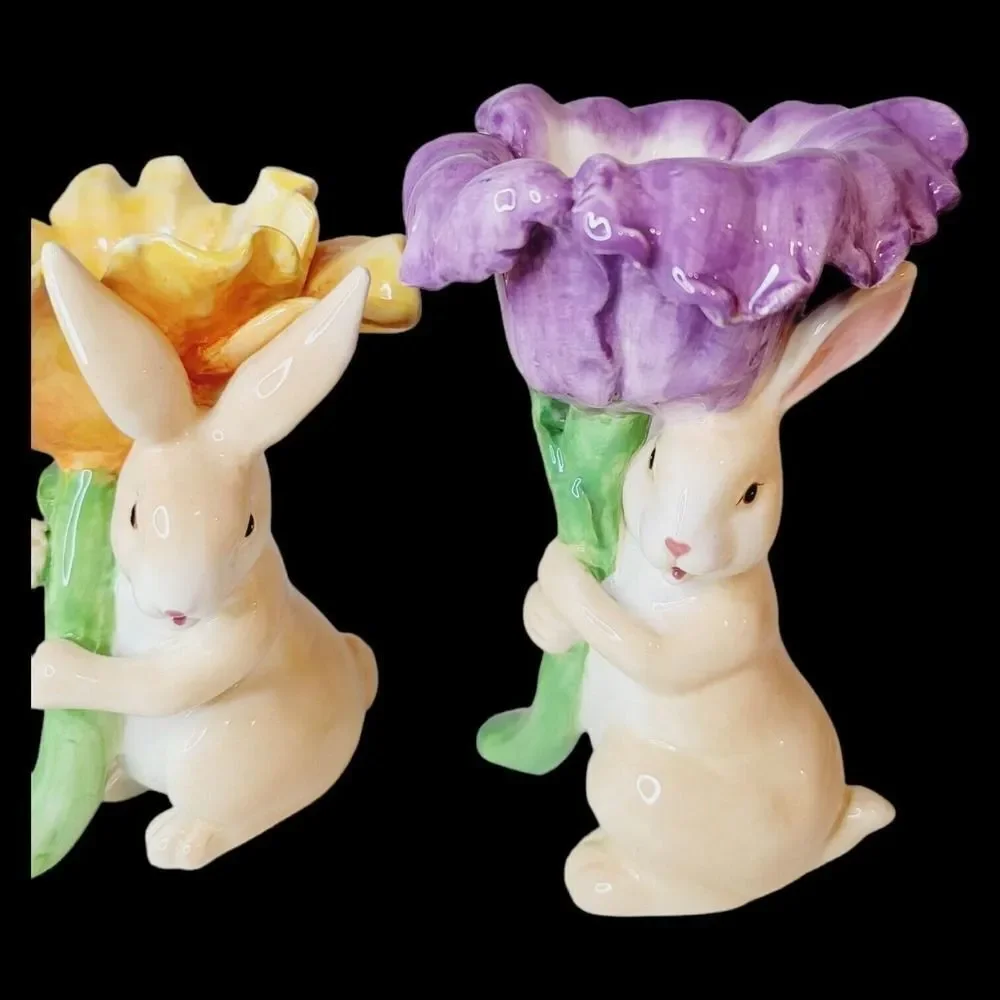 Set of‎ 3 Magenta Seasonal Collection Ceramic Bunny Rabbit Candle Holder Flowers